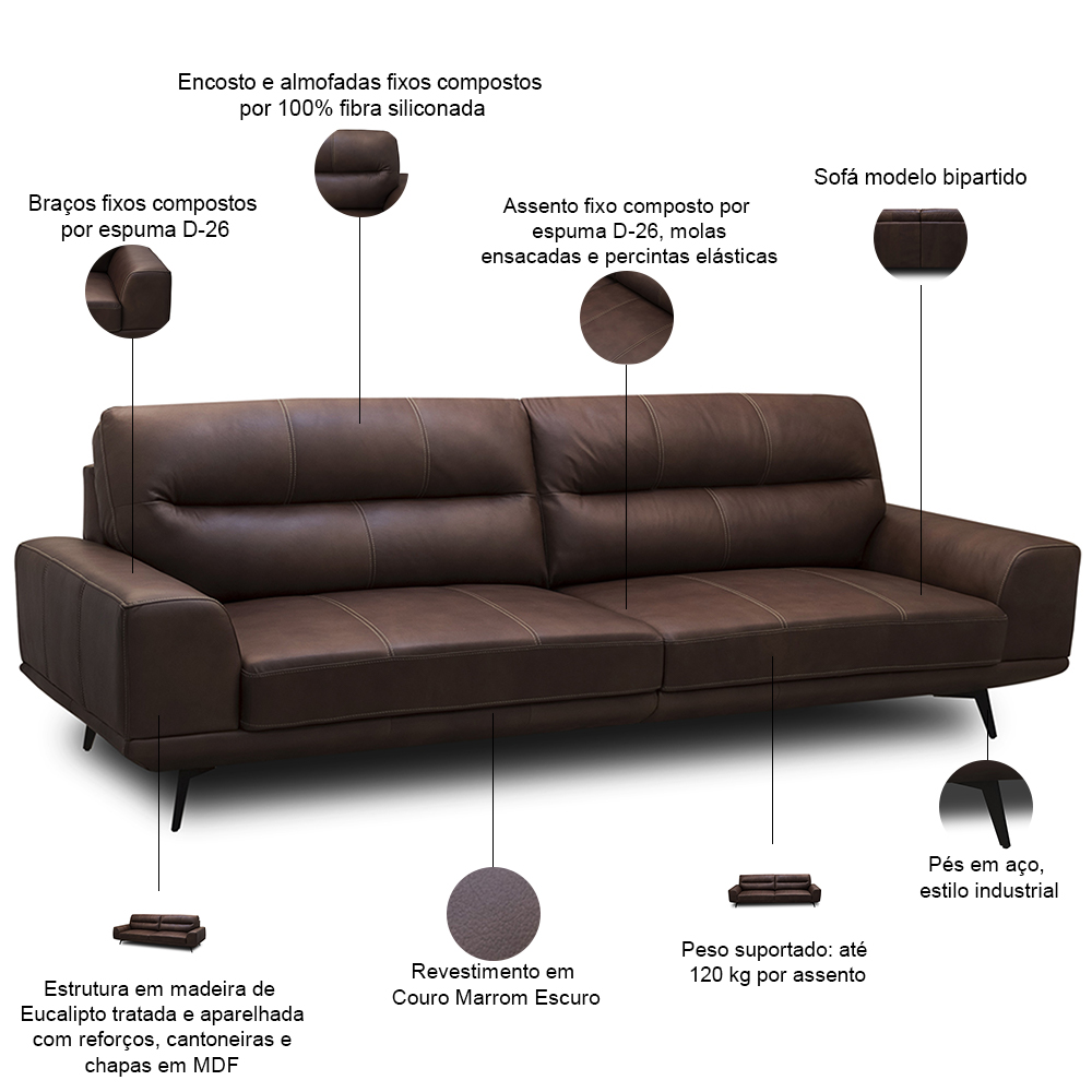 Sofá 3 Lugares Para Sala Living Industrial 216cm Cádis L06 Couro Marrom Escuro - Lyam Decor