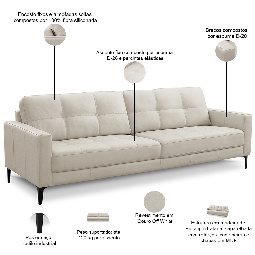Sofá 3 Lugares Para Sala Living Industrial 240cm Amélie L06 Couro Off White - Lyam Decor