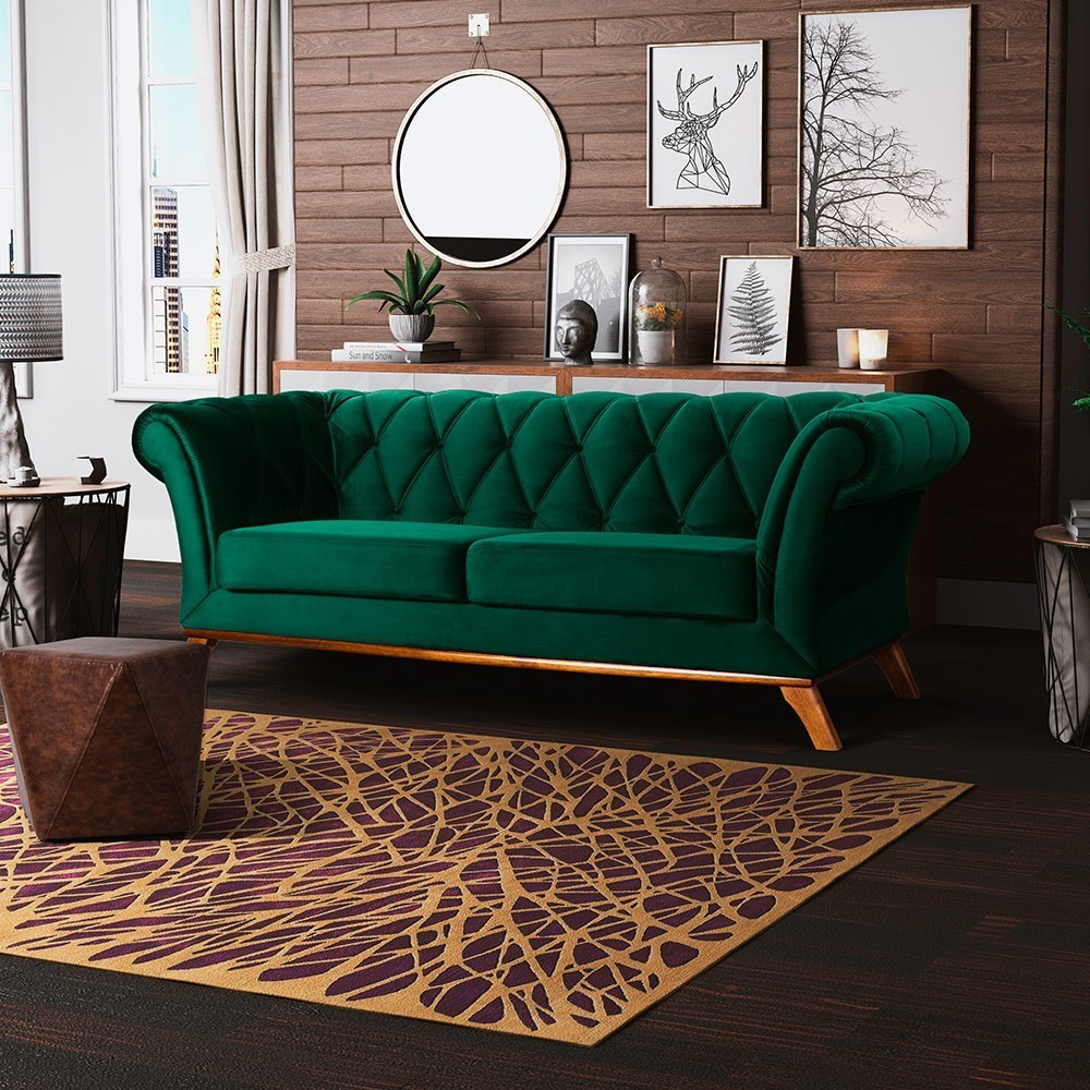 Sofá 3 Lugares Para Sala de Estar Império 180 cm D02 Veludo Verde Musgo C-303 - Lyam Decor