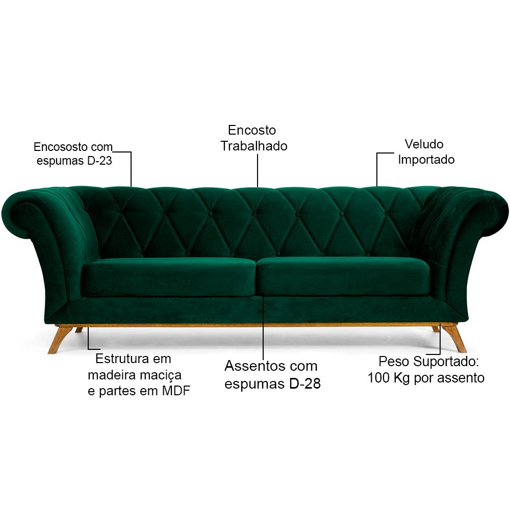 Sofá 3 Lugares Para Sala de Estar Império 180 cm D02 Veludo Verde Musgo C-303 - Lyam Decor
