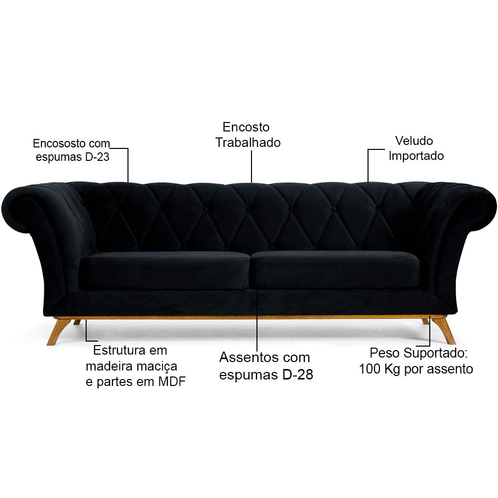 Sofá 3 Lugares Para Sala de Estar Império 210 cm D02 Veludo Preto C-300 - Lyam Decor