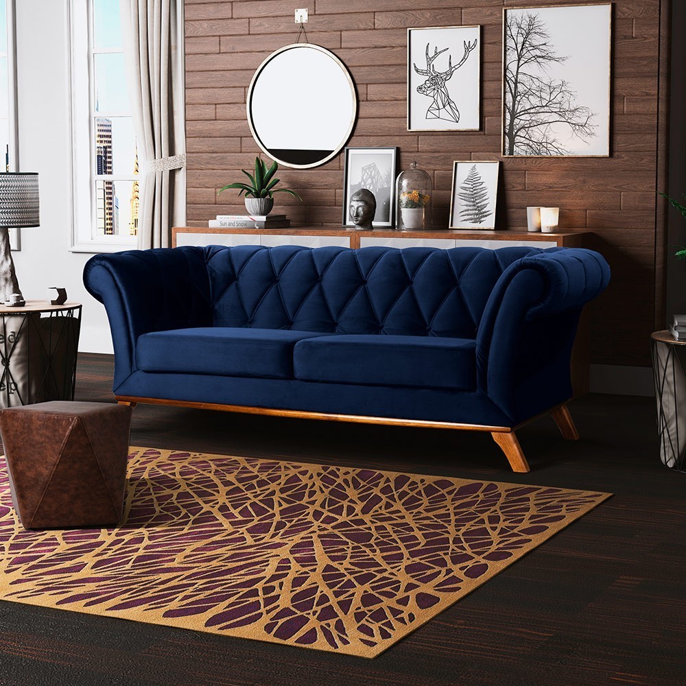 Sofá 3 Lugares Para Sala de Estar Império 230 cm D02 Veludo Azul Marinho C-287 - Lyam Decor