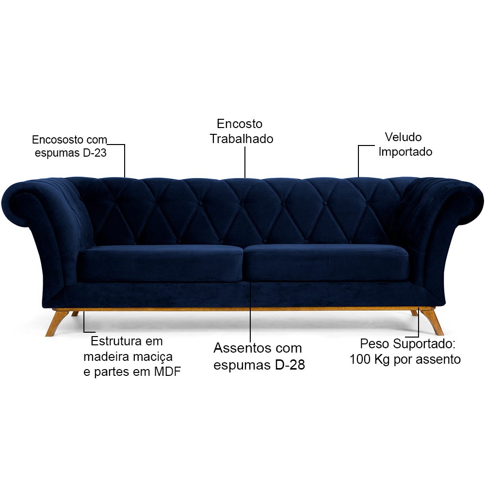 Sofá 3 Lugares Para Sala de Estar Império 230 cm D02 Veludo Azul Marinho C-287 - Lyam Decor
