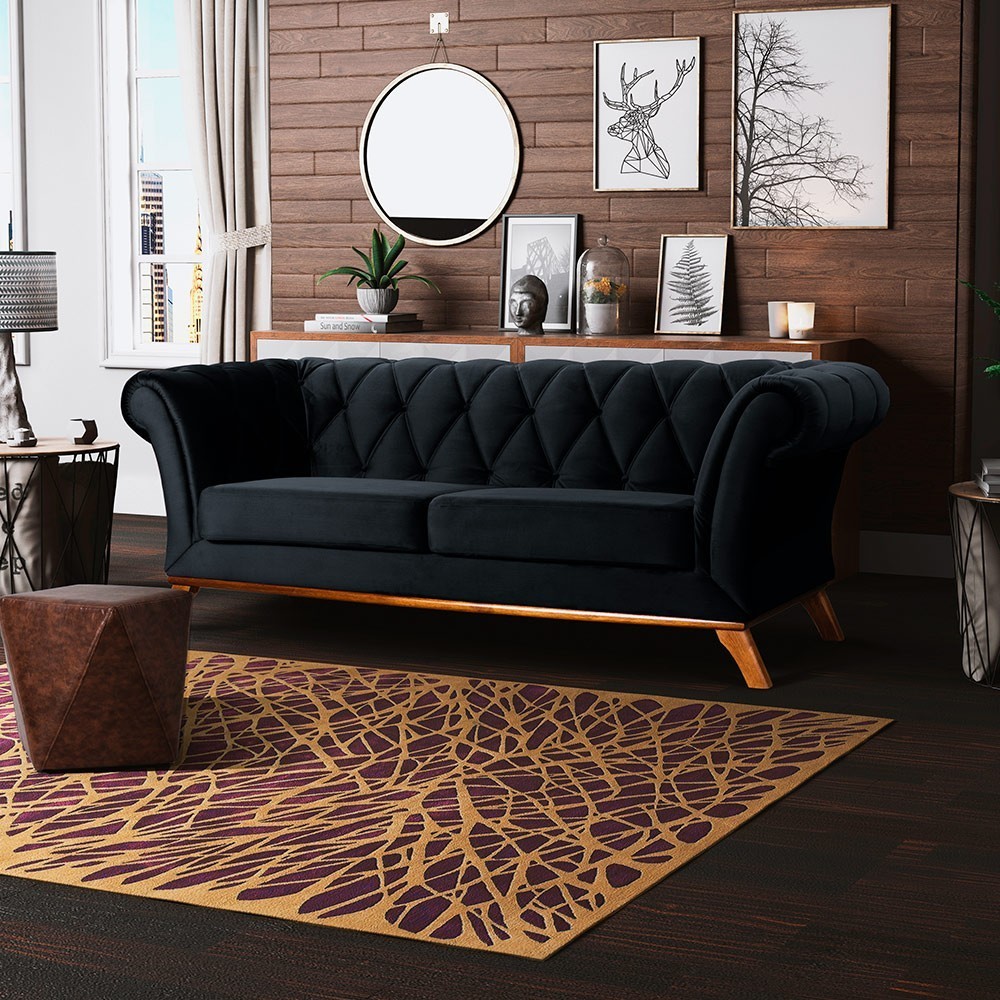 Sofá 3 Lugares Para Sala de Estar Império 230 cm D02 Veludo Preto C-300 - Lyam Decor