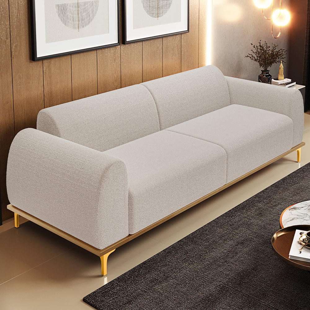 Sofá 3 Lugares Para Sala de Estar Kiev 210cm D02 Base Castanho Pés D'ouro Bouclê Creme C-54 - Lyam Decor