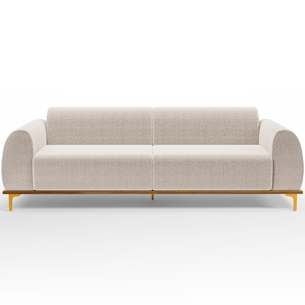 Sofá 3 Lugares Para Sala de Estar Kiev 210cm D02 Base Castanho Pés D'ouro Bouclê Creme C-54 - Lyam Decor