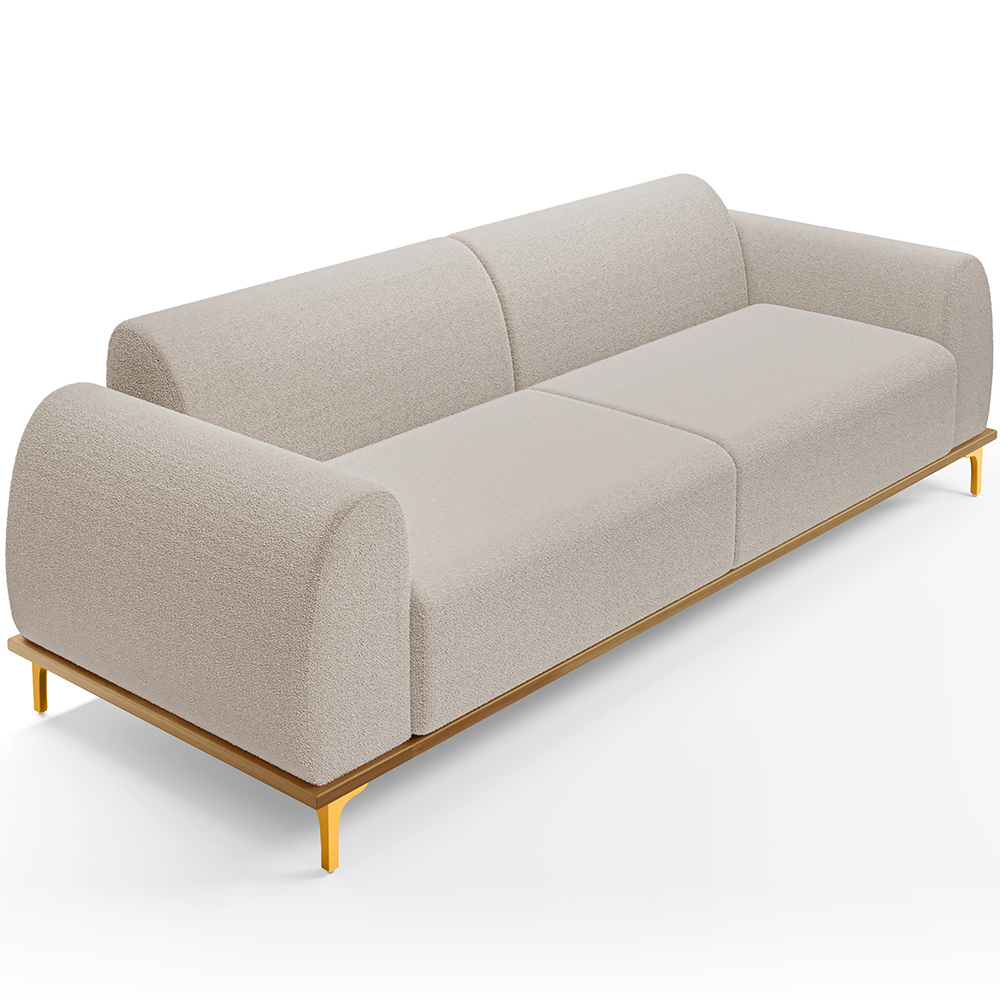 Sofá 3 Lugares Para Sala de Estar Kiev 230cm D02 Base Castanho Pés D'ouro Bouclê Creme C-54 - Lyam Decor