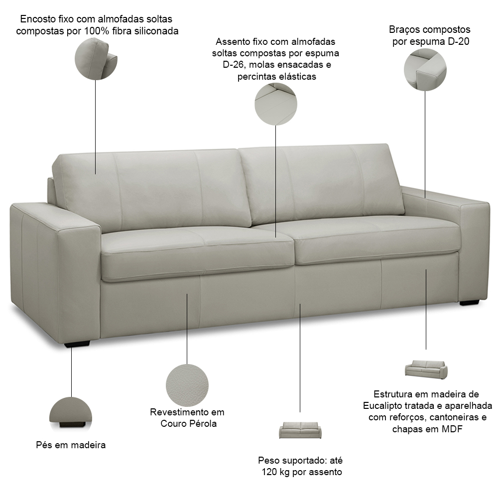 Sofá 3 Lugares Para Sala de Estar Living 205cm Aurora L06 Couro Cinza Claro - Lyam Decor