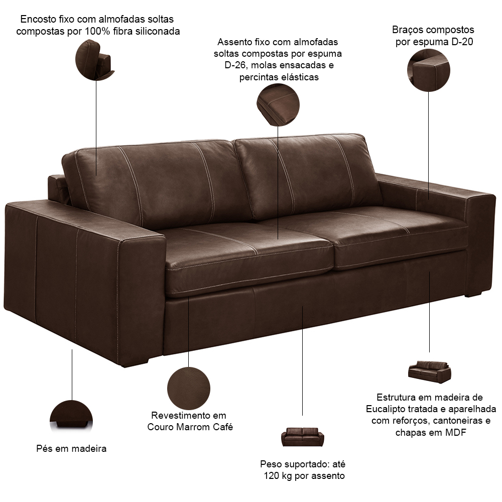 Sofá 3 Lugares Para Sala de Estar Living 205cm Aurora L06 Couro Marrom Café - Lyam Decor
