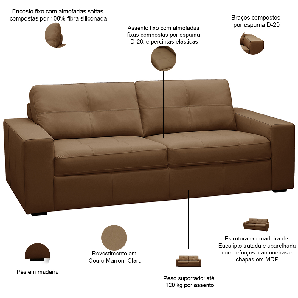 Sofá 3 Lugares Para Sala de Estar Living 205cm Vienne L06 Couro Marrom Claro - Lyam Decor
