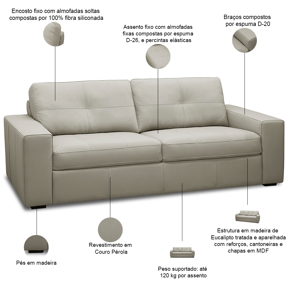Sofá 3 Lugares Para Sala de Estar Living 205cm Vienne L06 Couro Pérola - Lyam Decor