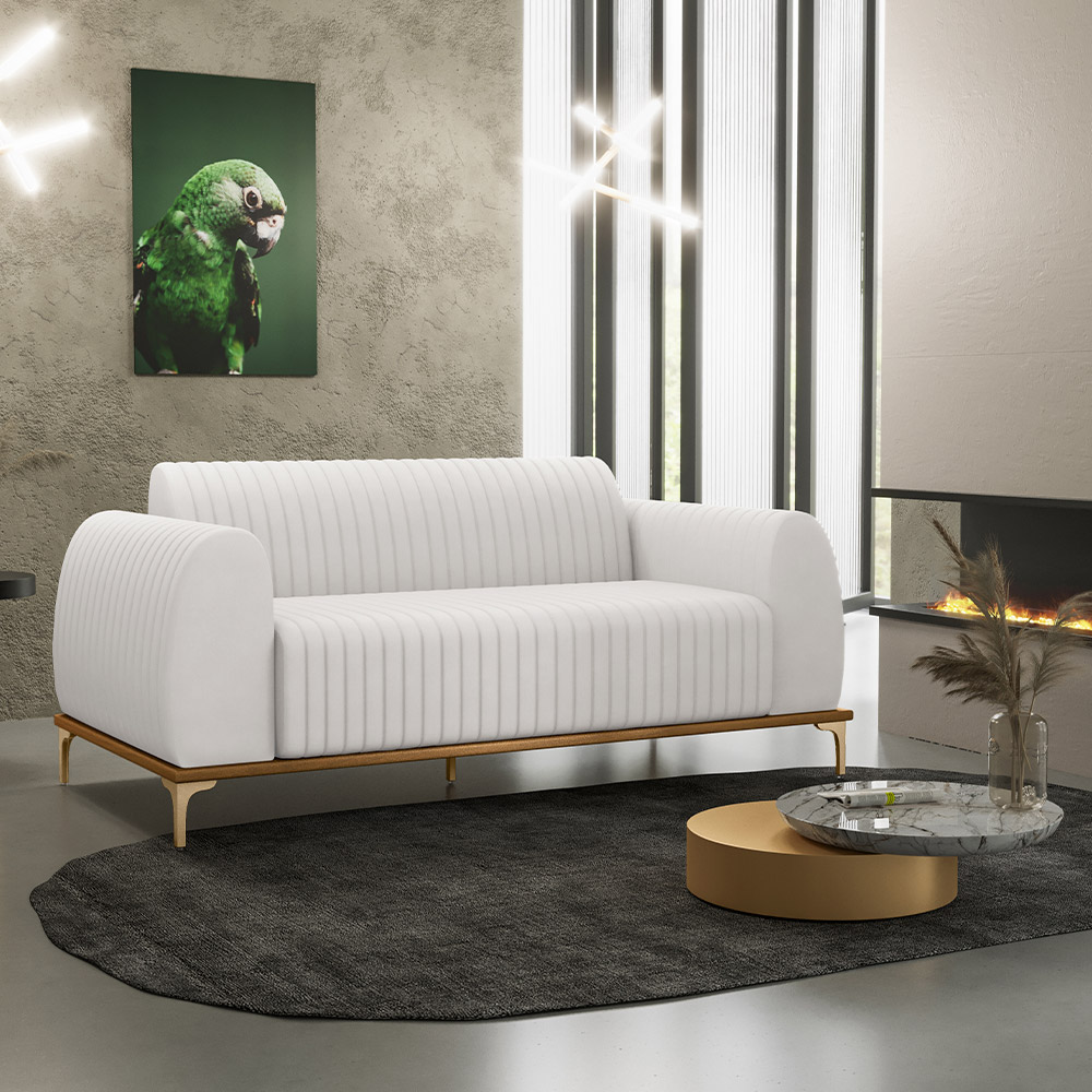 Sofá 3 Lugares Para Sala de Estar Molino 180 cm D02 Pés D'Ouro Corano Branco C-12 - Lyam Decor
