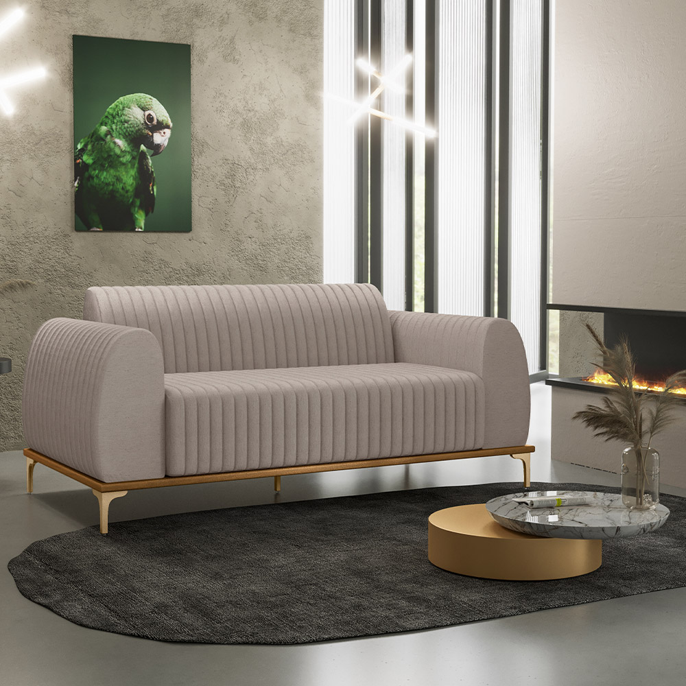 Sofá 3 Lugares Para Sala de Estar Molino 180 cm D02 Pés D'Ouro Linho Bege C-107 - Lyam Decor