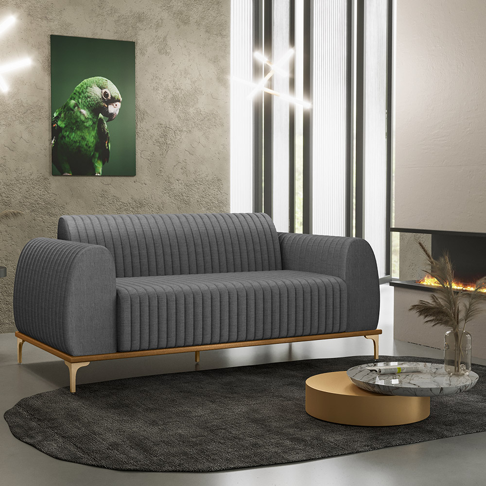 Sofá 3 Lugares Para Sala de Estar Molino 180 cm D02 Pés D'Ouro Linho Cinza Escuro C-416 - Lyam Decor