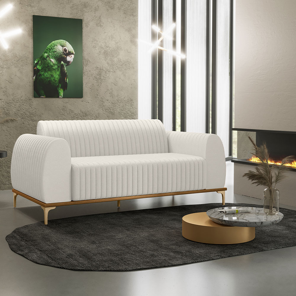 Sofá 3 Lugares Para Sala de Estar Molino 180 cm D02 Pés D'Ouro Linho Cru C-443 - Lyam Decor