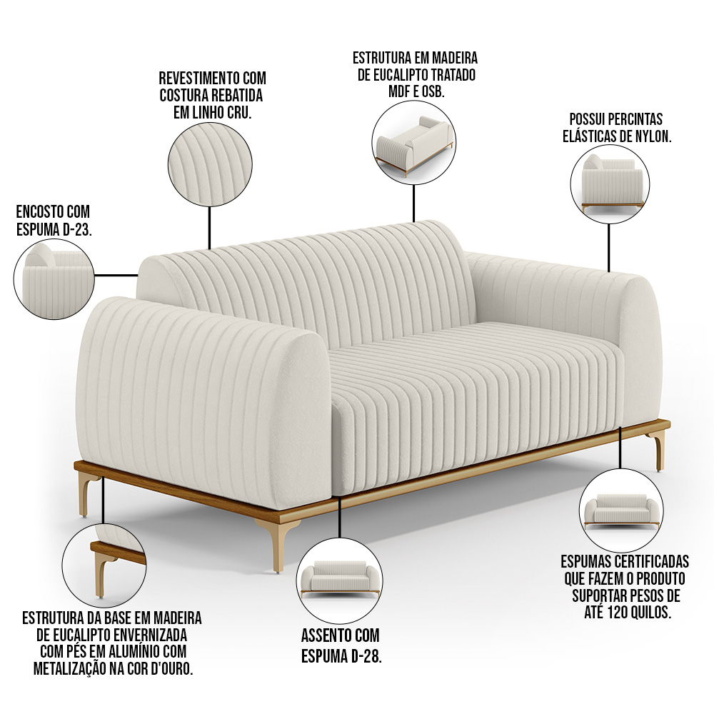 Sofá 3 Lugares Para Sala de Estar Molino 180 cm D02 Pés D'Ouro Linho Cru C-443 - Lyam Decor