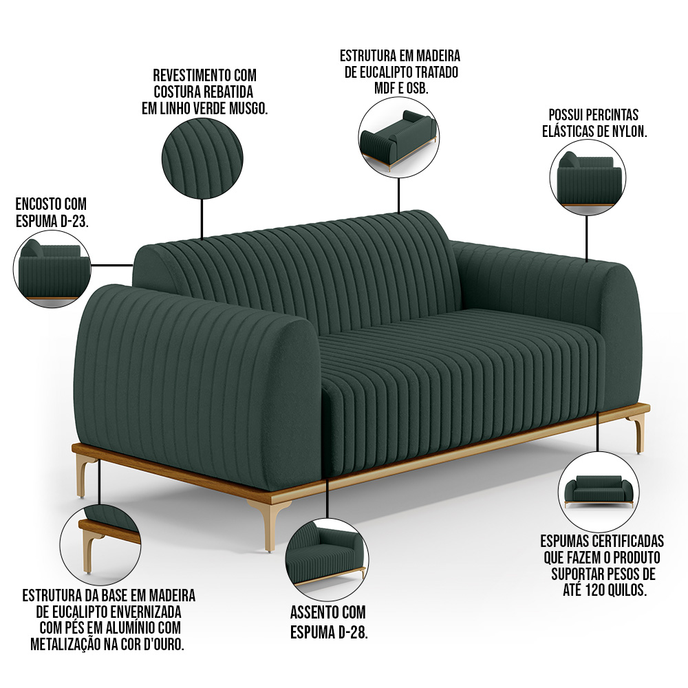 Sofá 3 Lugares Para Sala de Estar Molino 180 cm D02 Pés D'Ouro Linho Verde Musgo C-117 - Lyam Decor