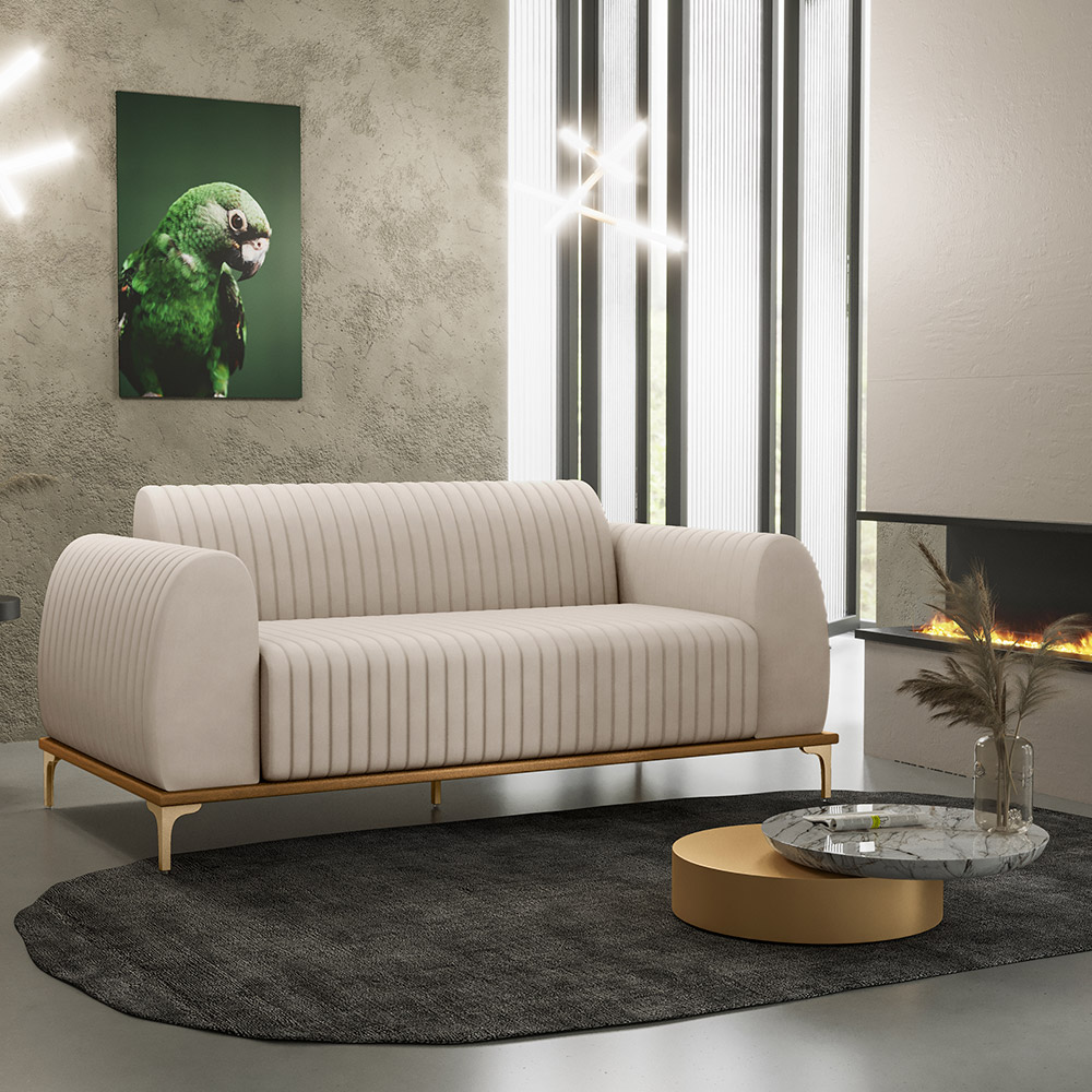 Sofá 3 Lugares Para Sala de Estar Molino 180 cm D02 Pés D'Ouro Veludo Bege C-309 - Lyam Decor