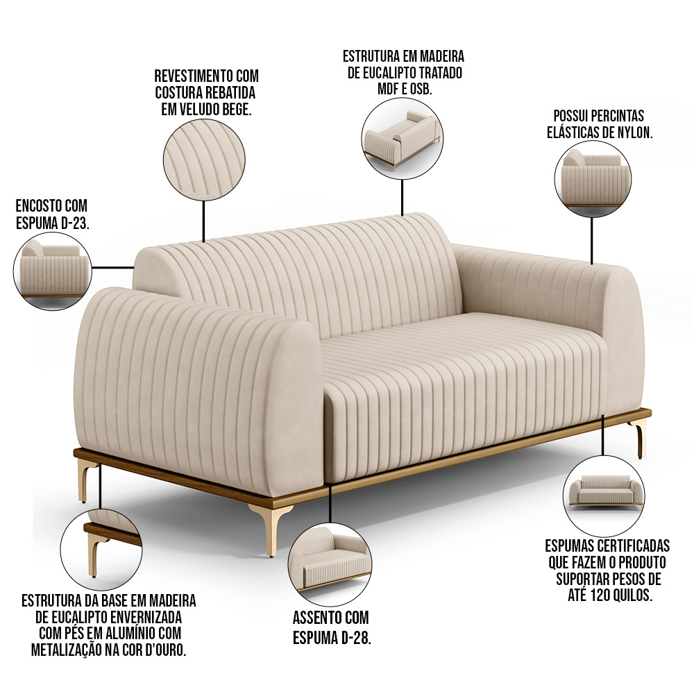 Sofá 3 Lugares Para Sala de Estar Molino 180 cm D02 Pés D'Ouro Veludo Bege C-309 - Lyam Decor