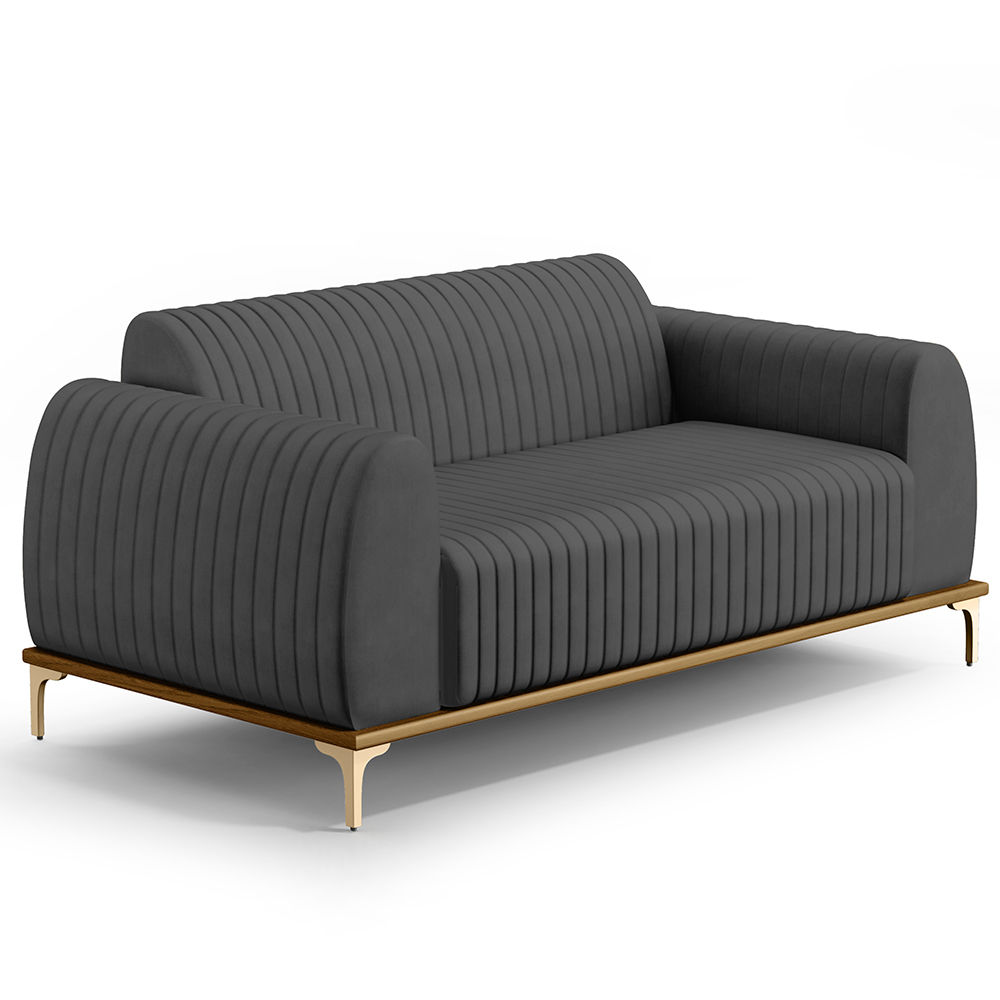 Sofá 3 Lugares Para Sala de Estar Molino 180 cm D02 Pés D'Ouro Veludo Cinza C-317 - Lyam Decor