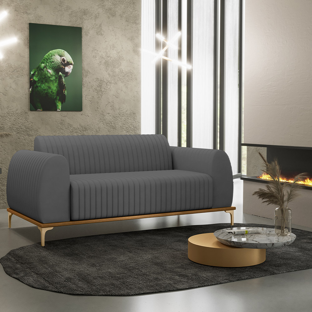 Sofá 3 Lugares Para Sala de Estar Molino 180 cm D02 Pés D'Ouro Veludo Cinza C-317 - Lyam Decor