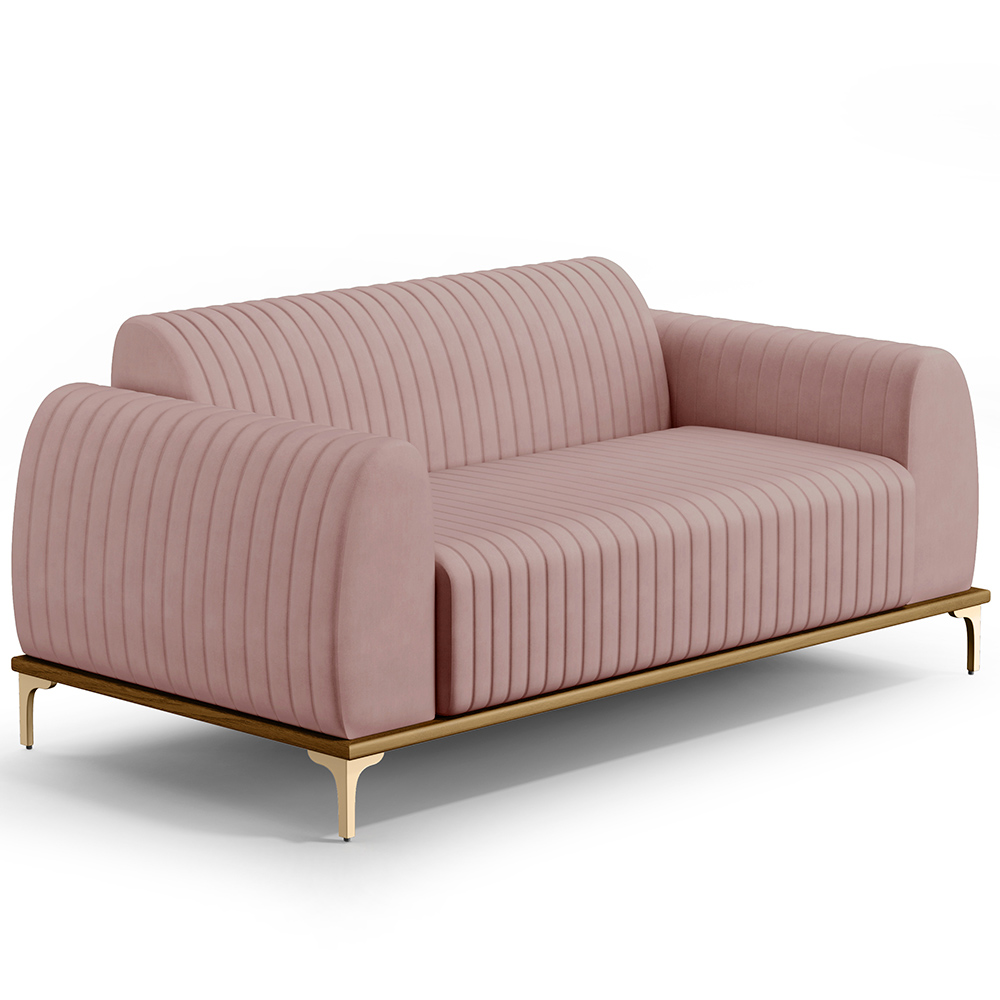 Sofá 3 Lugares Para Sala de Estar Molino 180 cm D02 Pés D'Ouro Veludo Rosê C-305 - Lyam Decor