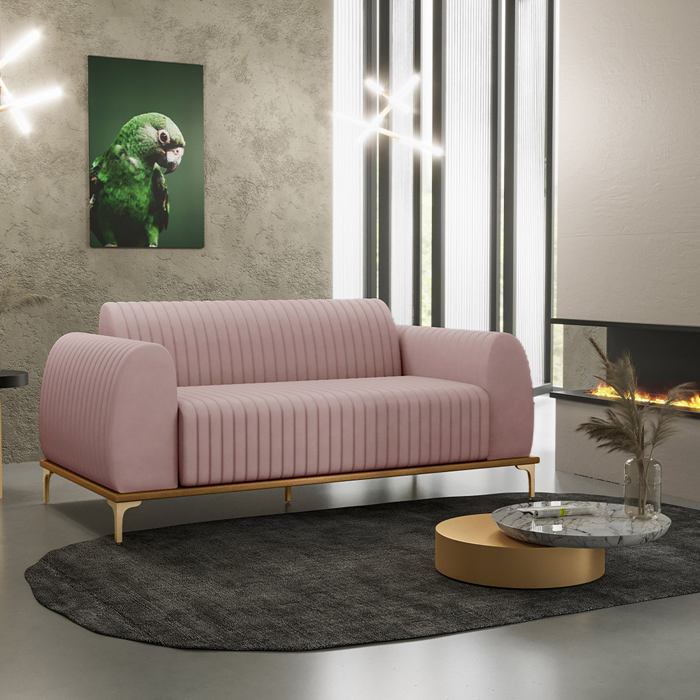 Sofá 3 Lugares Para Sala de Estar Molino 180 cm D02 Pés D'Ouro Veludo Rosê C-305 - Lyam Decor
