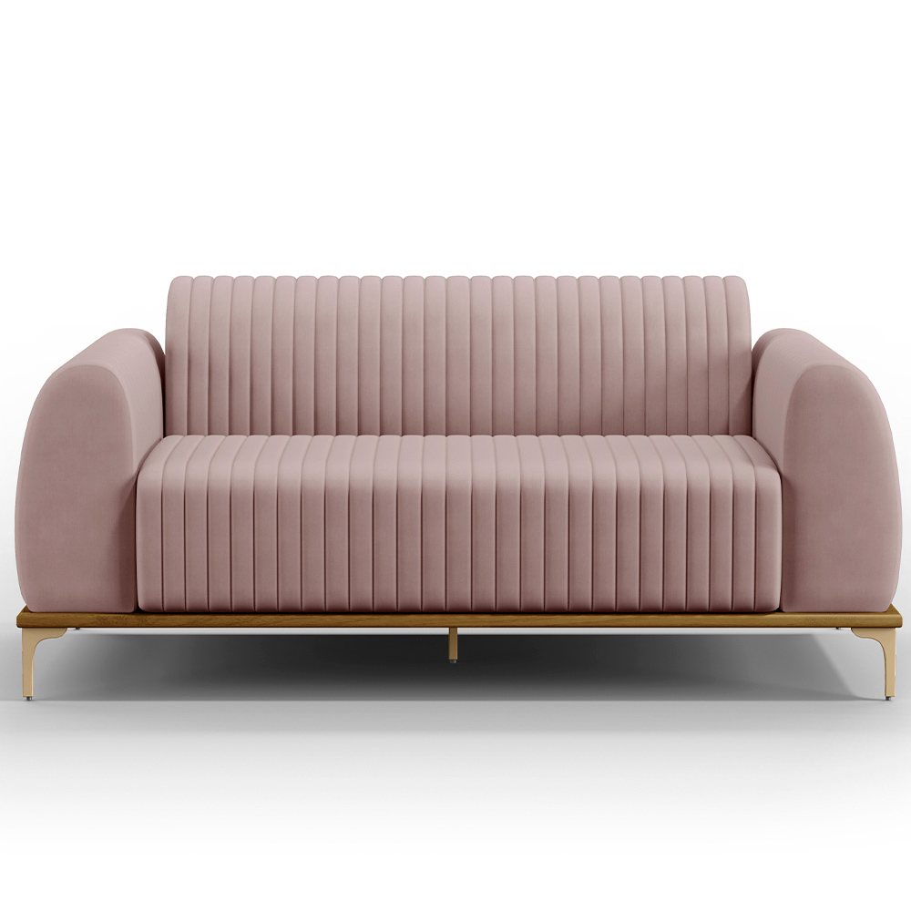 Sofá 3 Lugares Para Sala de Estar Molino 180 cm D02 Pés D'Ouro Veludo Rosê C-305 - Lyam Decor