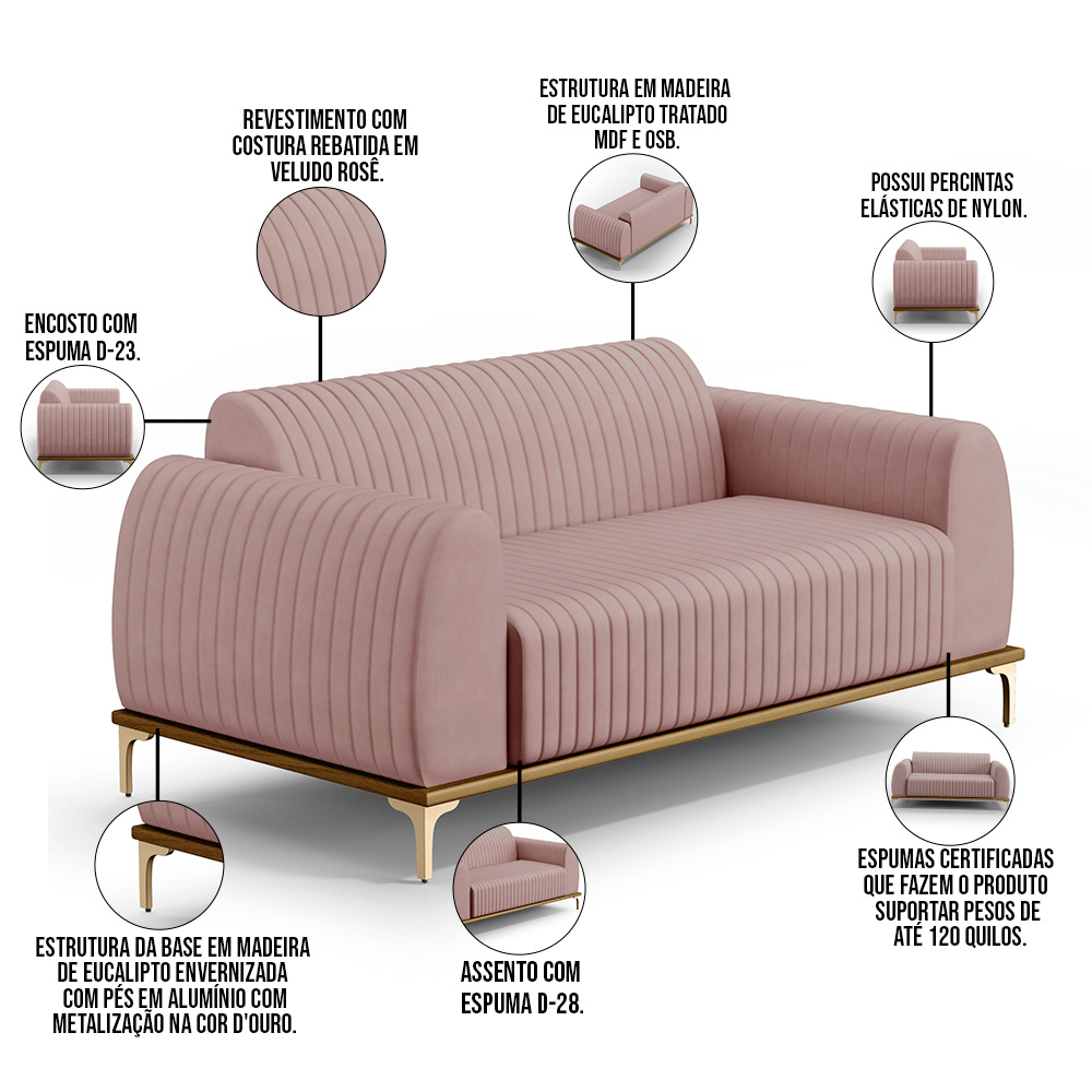Sofá 3 Lugares Para Sala de Estar Molino 180 cm D02 Pés D'Ouro Veludo Rosê C-305 - Lyam Decor