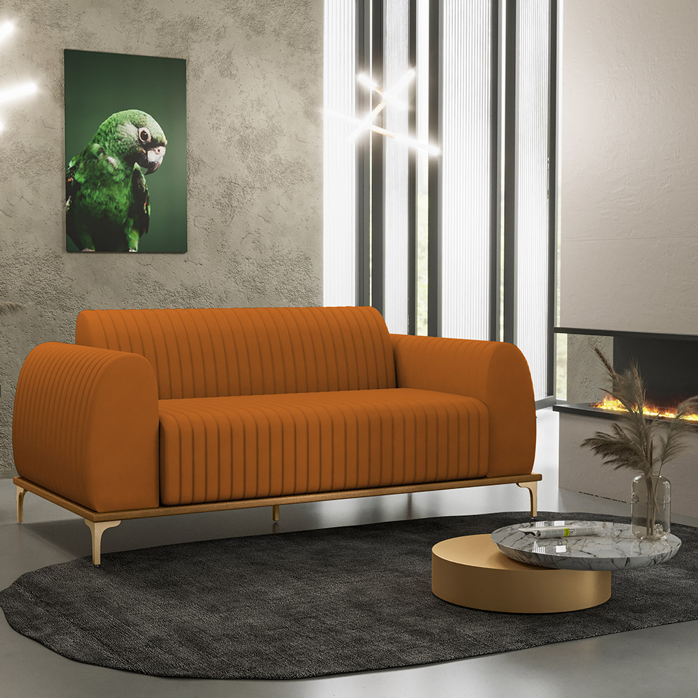 Sofá 3 Lugares Para Sala de Estar Molino 180 cm D02 Pés D'Ouro Veludo Telha C-262 - Lyam Decor