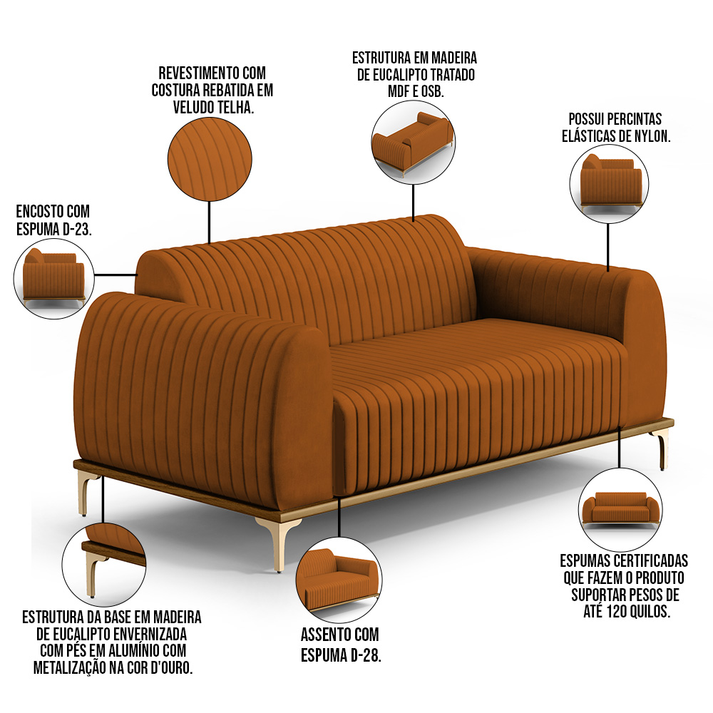 Sofá 3 Lugares Para Sala de Estar Molino 180 cm D02 Pés D'Ouro Veludo Telha C-262 - Lyam Decor