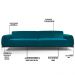 Sofá 3 Lugares Para Sala de Estar Molino 180 cm D02 Veludo Azul Turquesa B-66 - Lyam Decor