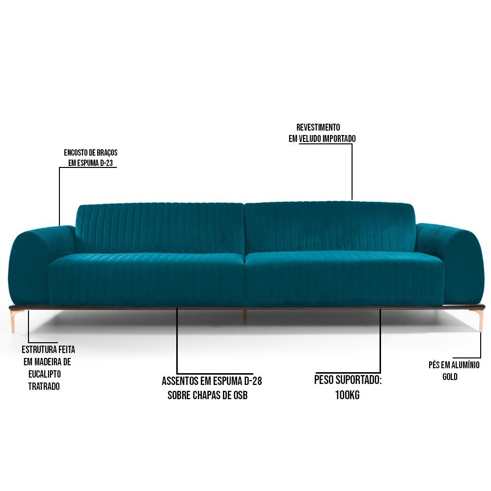 Sofá 3 Lugares Para Sala de Estar Molino 180 cm D02 Veludo Azul Turquesa B-66 - Lyam Decor