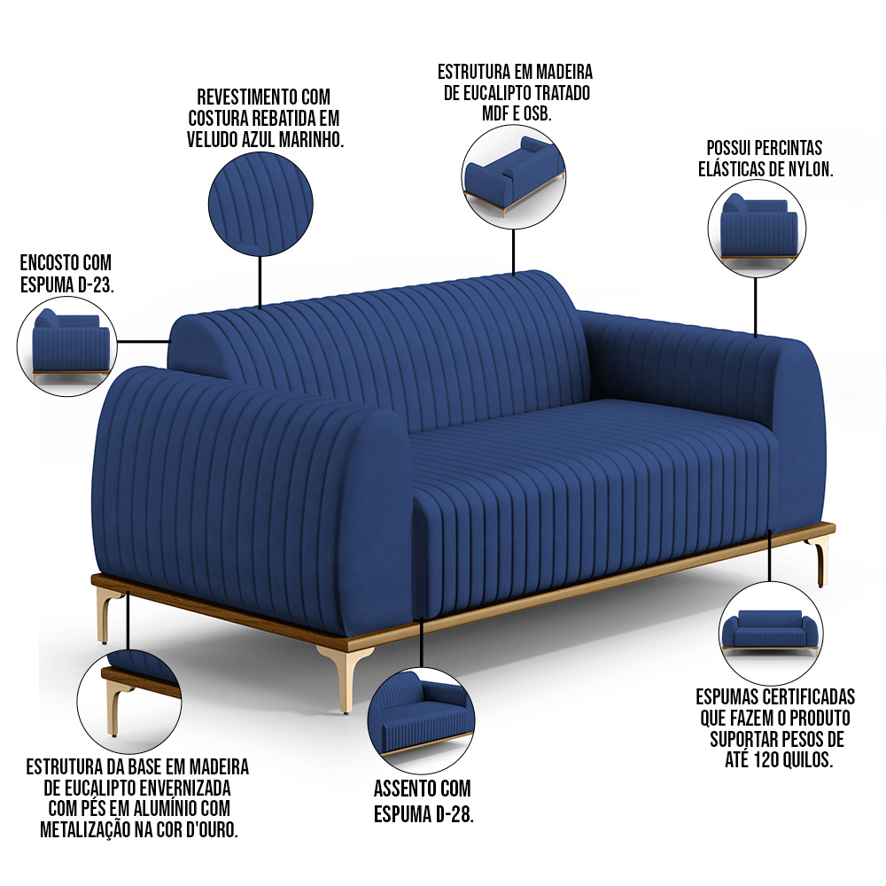 Sofá 3 Lugares Para Sala de Estar Molino 180cm D02 Pés D'Ouro Veludo Azul Marinho C-304 - Lyam Decor