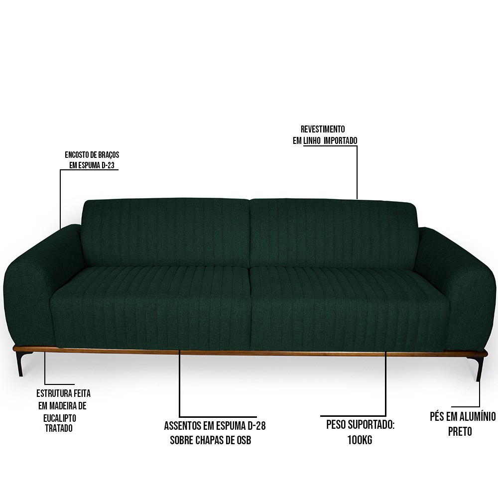 Sofá 3 Lugares Para Sala de Estar Molino 210 cm D02 Linho Verde Musgo C-117 - Lyam Decor