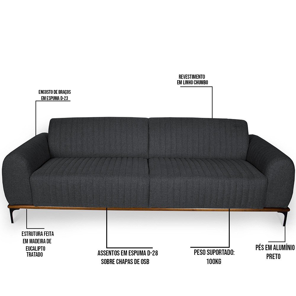 Sofá 3 Lugares Para Sala de Estar Molino 230 cm D02 Linho Chumbo B-163- Lyam Decor