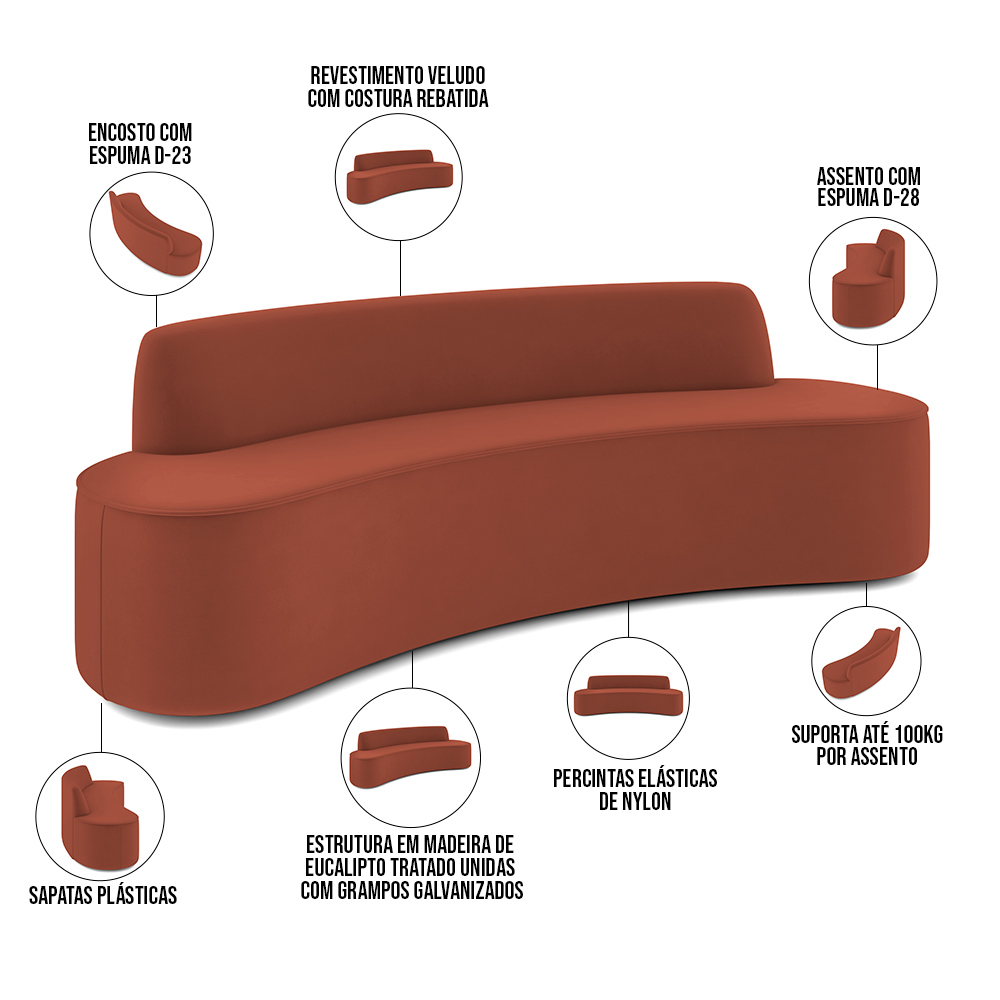 Sofá 3 Lugares Sala de Estar Cancún D02 Veludo Terracota 180 cm C-417 - Lyam Decor