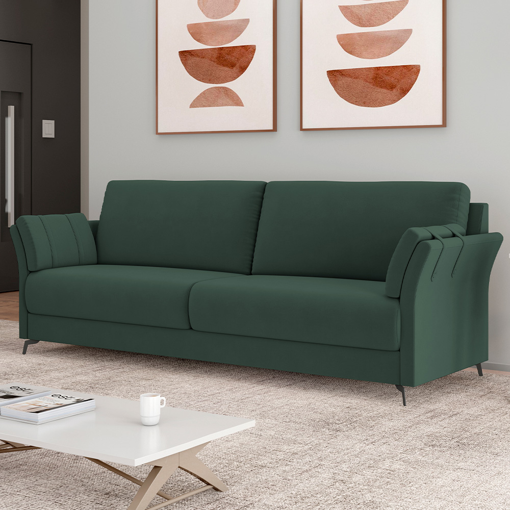 Sofá 3 Lugares Sala de Estar Living 223cm Álamo M03 Veludo Verde Musgo - Lyam Decor