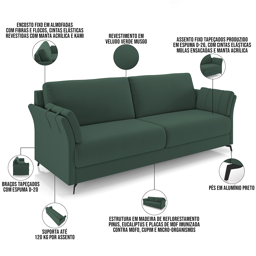 Sofá 3 Lugares Sala de Estar Living 223cm Álamo M03 Veludo Verde Musgo - Lyam Decor
