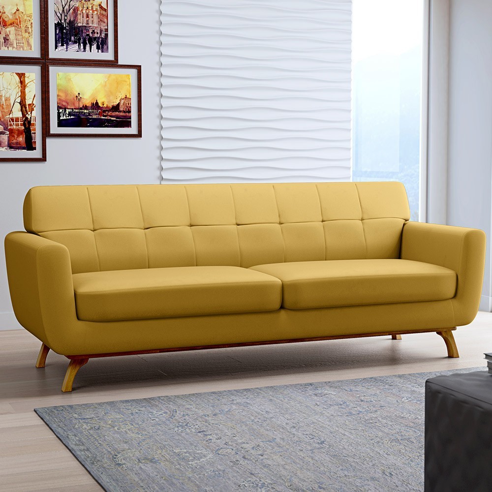 Sofá 3 Lugares Sala de Estar Miami 230 cm D02 Veludo Mostarda B-279 - Lyam Decor