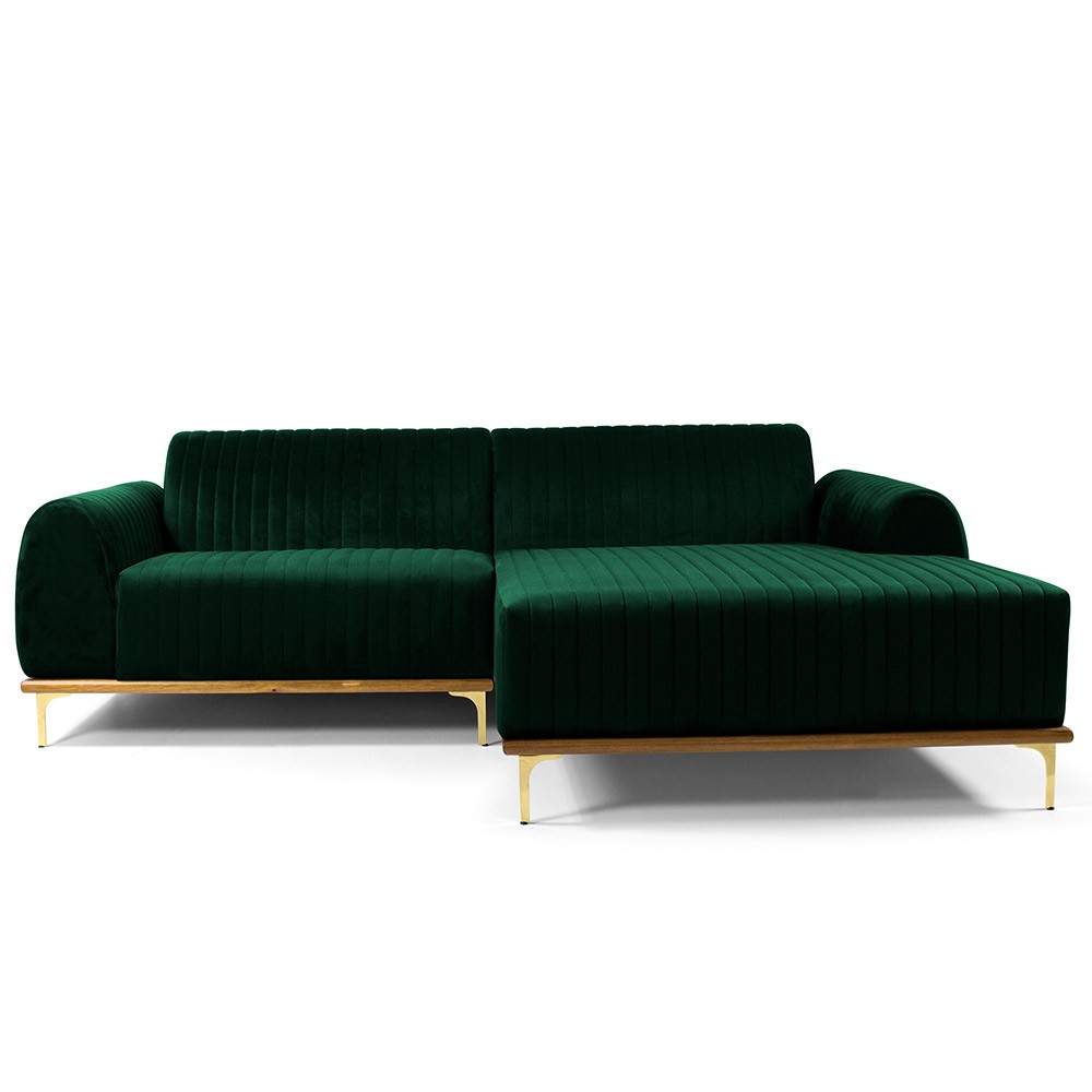 Sofá 3 Lugares com Chaise Direito Para Sala Molino 245 cm D02 Veludo Verde Musgo C-303 - Lyam Decor