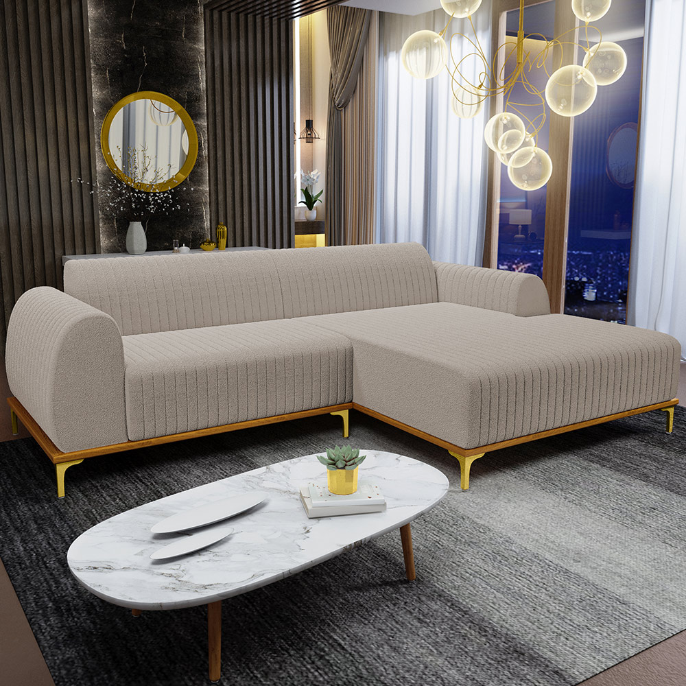 Sofá 3 Lugares com Chaise Direito Para Sala de Estar Molino 230cm D02 Base Castanho Pés D'ouro Bouclê Creme C-54 - Lyam Decor