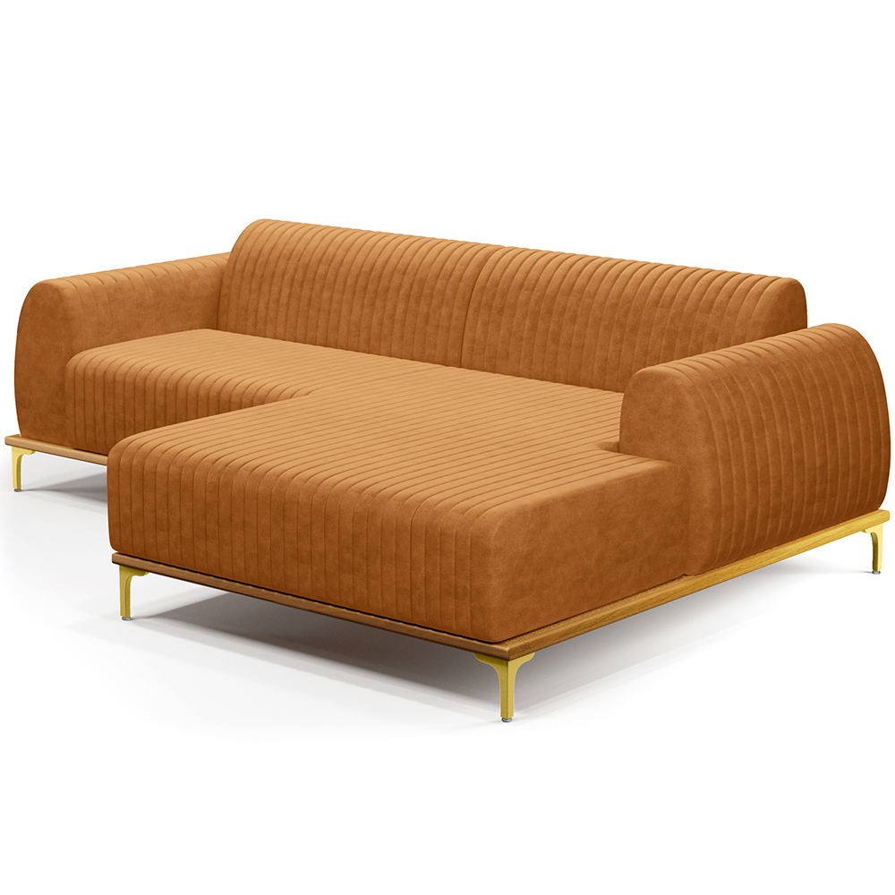 Sofá 3 Lugares com Chaise Direito Para Sala de Estar Molino 230cm D02 Base Castanho Pés D'ouro Couríssimo Whisky B-90 - Lyam Decor