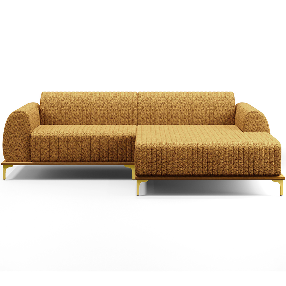 Sofá 3 Lugares com Chaise Direito Para Sala de Estar Molino 230cm D02 Base Castanho Pés D'ouro Prime Bouclê Mostarda PB-03 - Lyam Decor