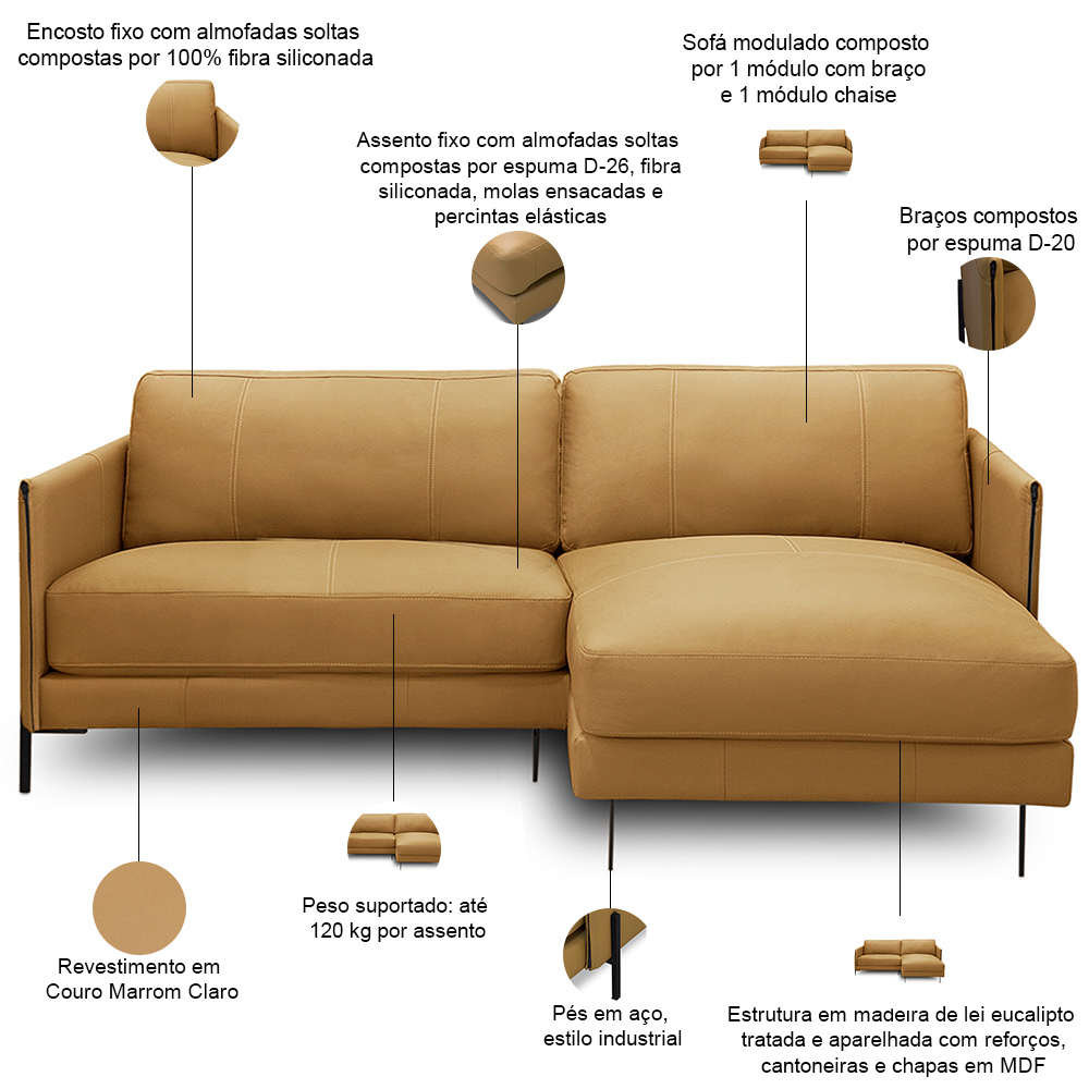 Sofá 3 Lugares com Chaise Direito Sala Living 230cm Amábile L06 Couro Marrom Claro - Lyam Decor