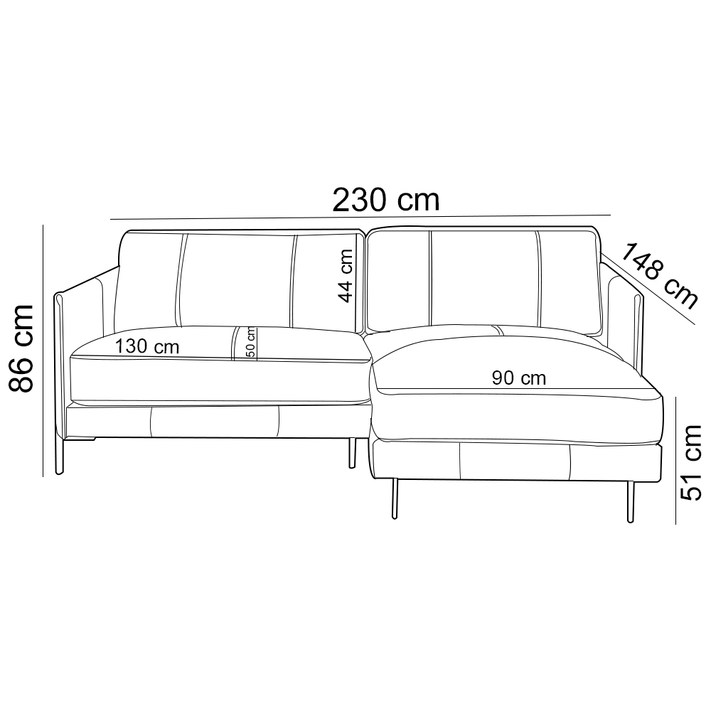 Sofá 3 Lugares com Chaise Direito Sala Living 230cm Amábile L06 Couro Marrom Claro - Lyam Decor