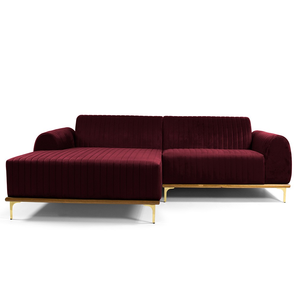 Sofá 3 Lugares com Chaise Esquerdo Para Sala Molino 245 cm D02 Veludo Marsala B-278 -Lyam Decor