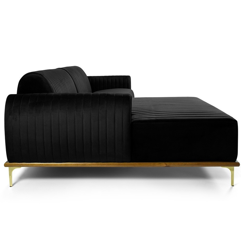 Sofá 3 Lugares com Chaise Esquerdo Para Sala Molino 245 cm D02 Veludo Preto B-300-Lyam Decor