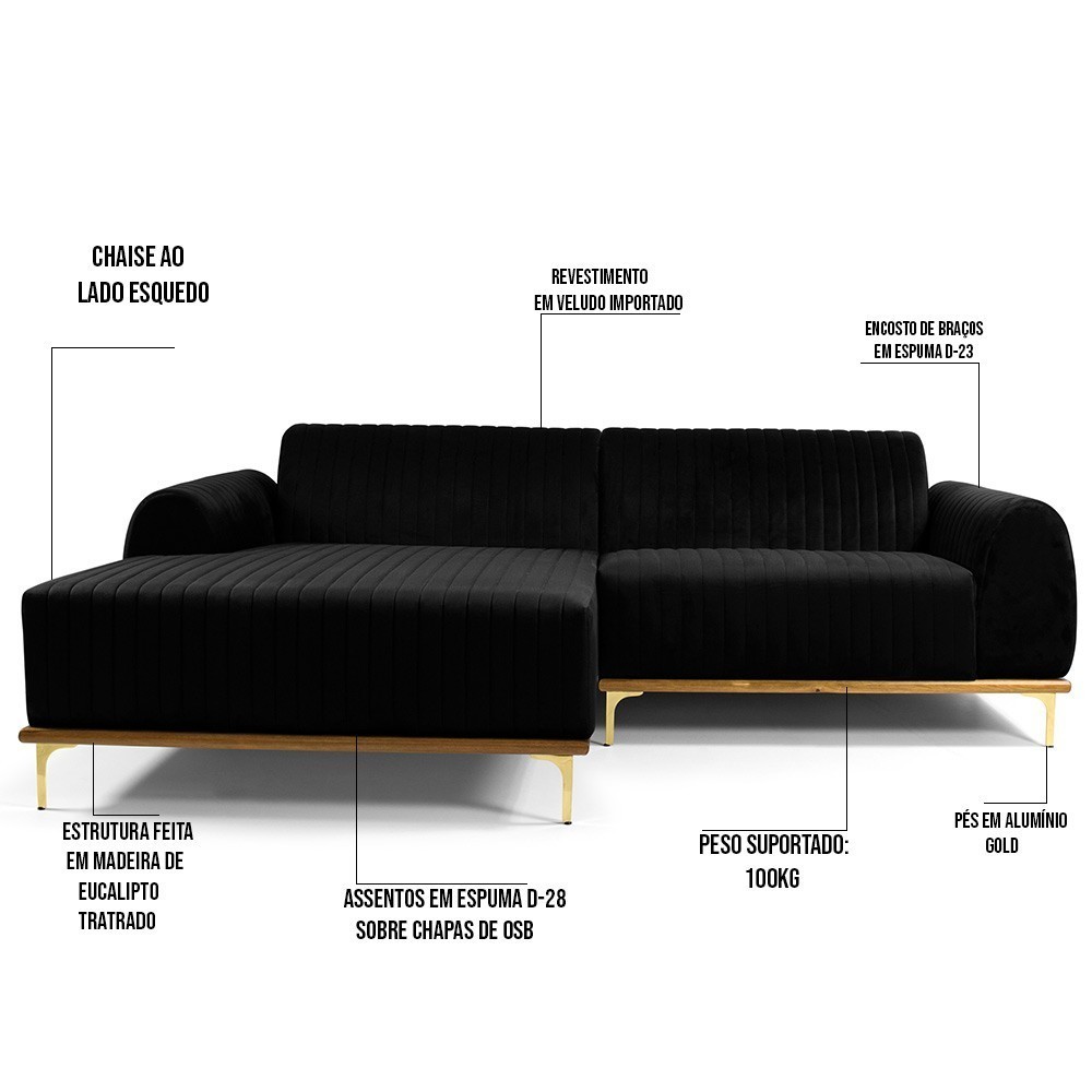 Sofá 3 Lugares com Chaise Esquerdo Para Sala Molino 245 cm D02 Veludo Preto B-300-Lyam Decor