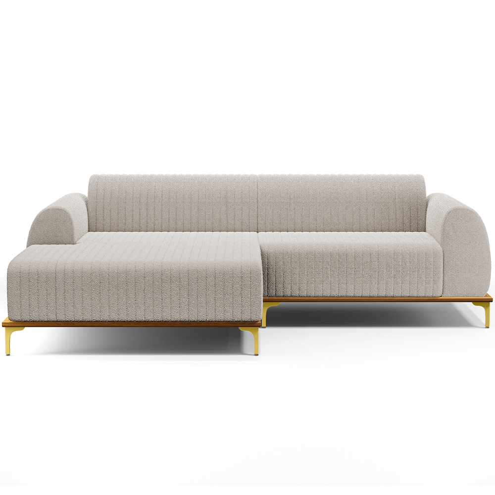 Sofá 3 Lugares com Chaise Esquerdo Para Sala de Estar Molino 230cm D02 Base Castanho Pés D'ouro Bouclê Creme C-54 - Lyam Decor